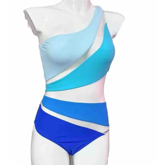 Blue & Teal Color Block Sheer Design One Shoulder Swim Suit One Piece Small - Picture 1 of 8